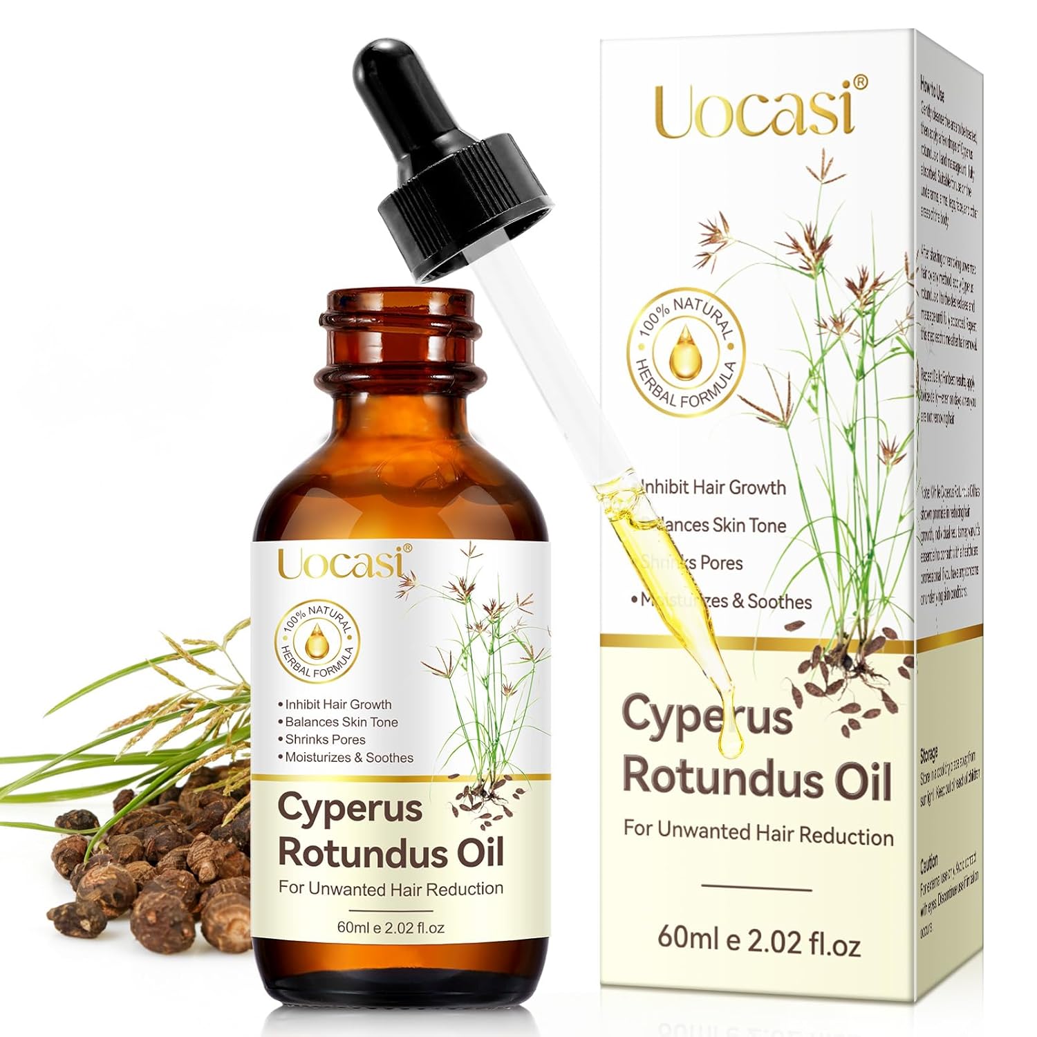 Uocasi Cyperus Rotundus Oil, Cypress Rotundus Oil for Hair Removal, Natural Inhibitor to Reduce Unwanted Hair Growth, Soothes Skin & Minimizes Pores, All Skin Types, 2.02 Oz