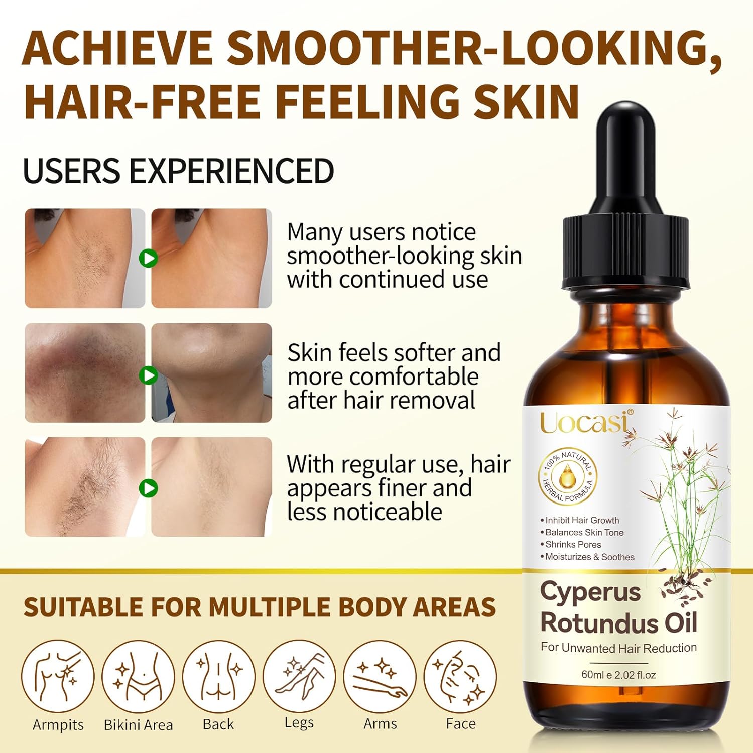 Uocasi Cyperus Rotundus Oil, Cypress Rotundus Oil for Hair Removal, Natural Inhibitor to Reduce Unwanted Hair Growth, Soothes Skin & Minimizes Pores, All Skin Types, 2.02 Oz - Image 4