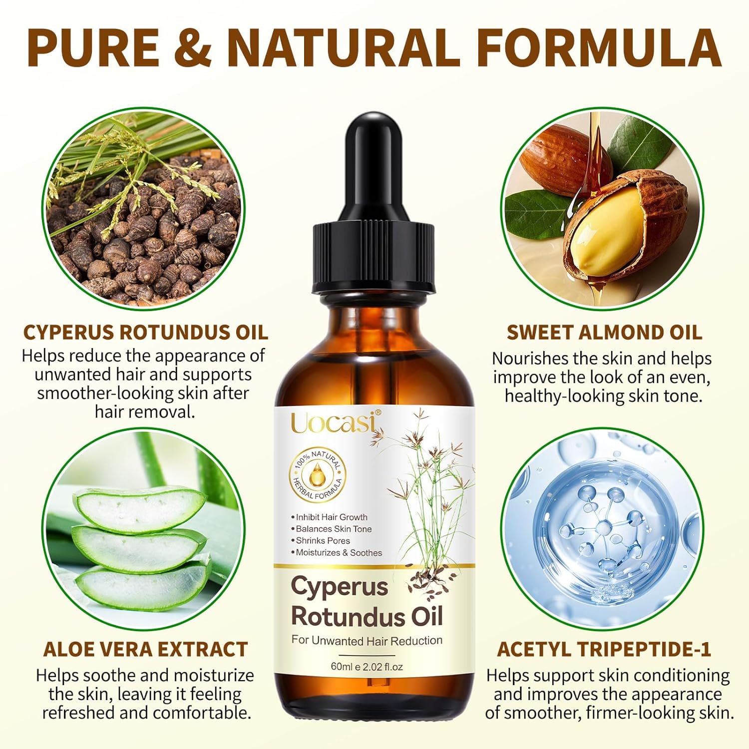 Uocasi Cyperus Rotundus Oil, Cypress Rotundus Oil for Hair Removal, Natural Inhibitor to Reduce Unwanted Hair Growth, Soothes Skin & Minimizes Pores, All Skin Types, 2.02 Oz - Image 3