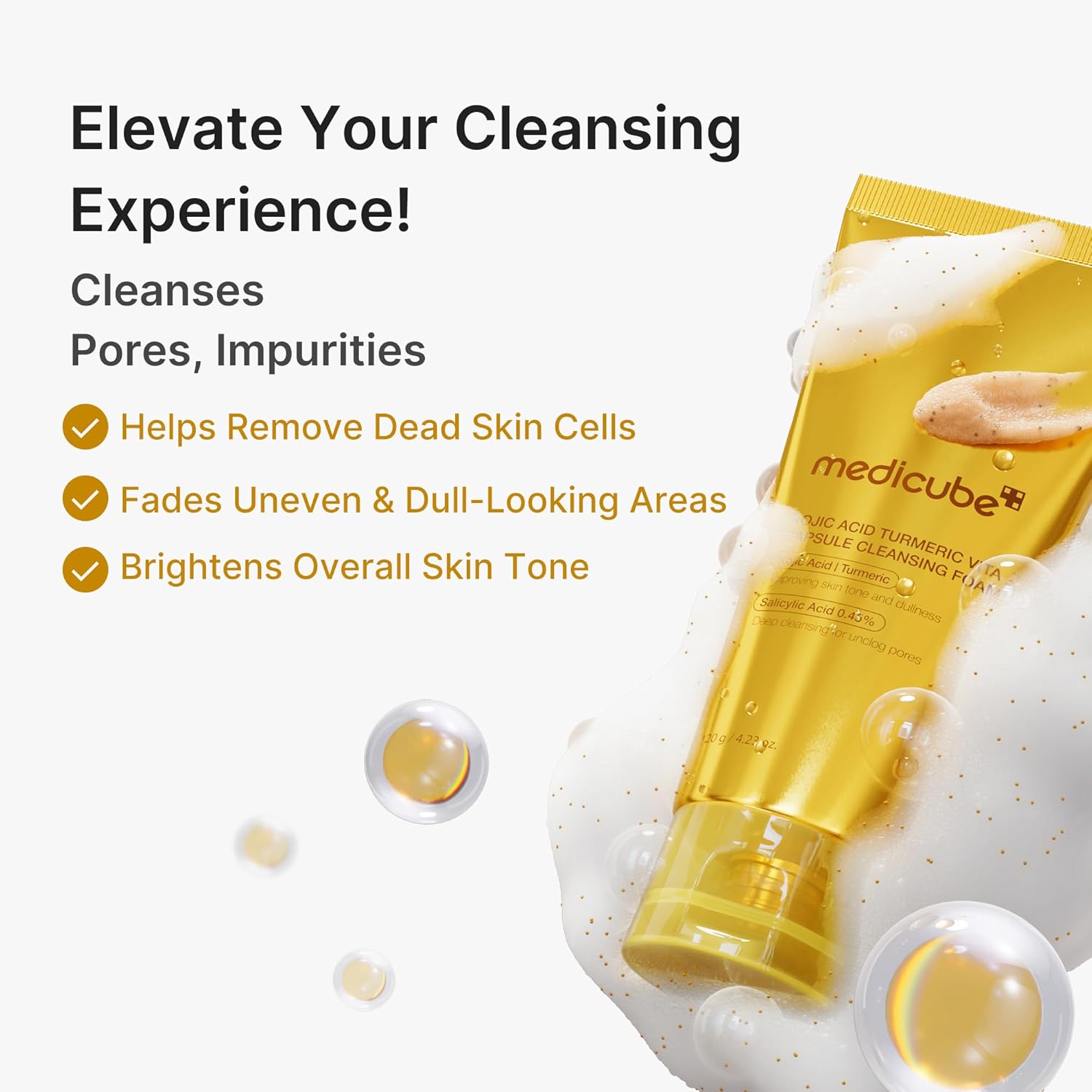 medicube Facial Cleanser Turmeric Capsule Foam Cleanser | for Balancing Uneven Skin Tone & Texture | Fade Appearance of Uneven Patches & Ideal for Use After Spot Care | Korean Skincare, 4.23 oz - Image 4