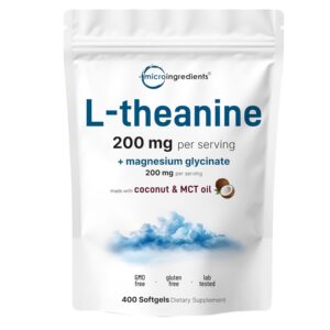 Micro Ingredients L-Theanine 200mg with Magnesium Glycinate, 400 Coconut MCT Oil Softgels | 2-in-1 Amino Acid & Mineral Complex |