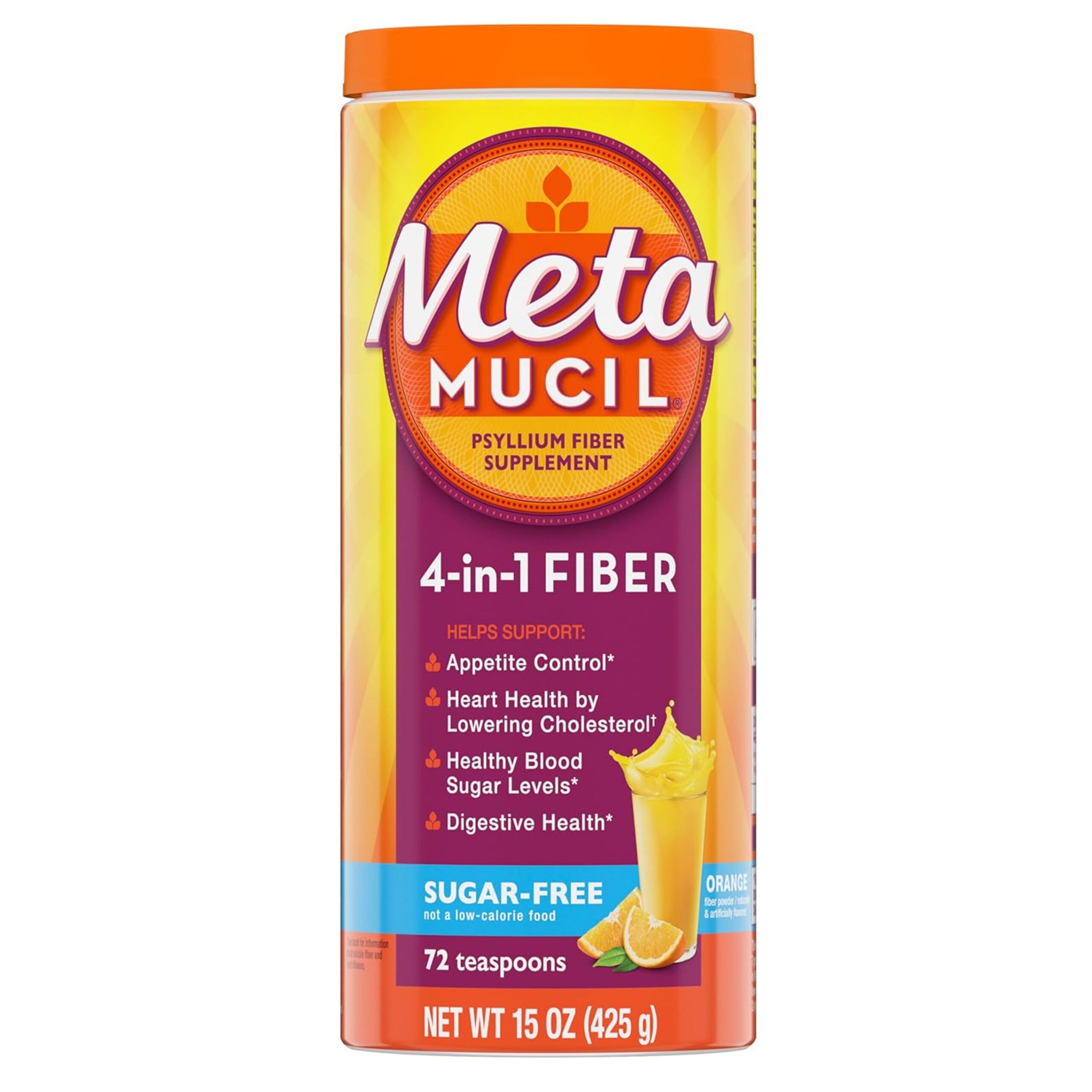 Metamucil 4-in-1 Psyllium Husk GLP-1 Friendly Fiber Supplement, Sugar-Free, 72 teaspoons, Orange Flavored, Daily Fiber Powder for Digestive Health, made with Plant-Based Psyllium Husk Fiber