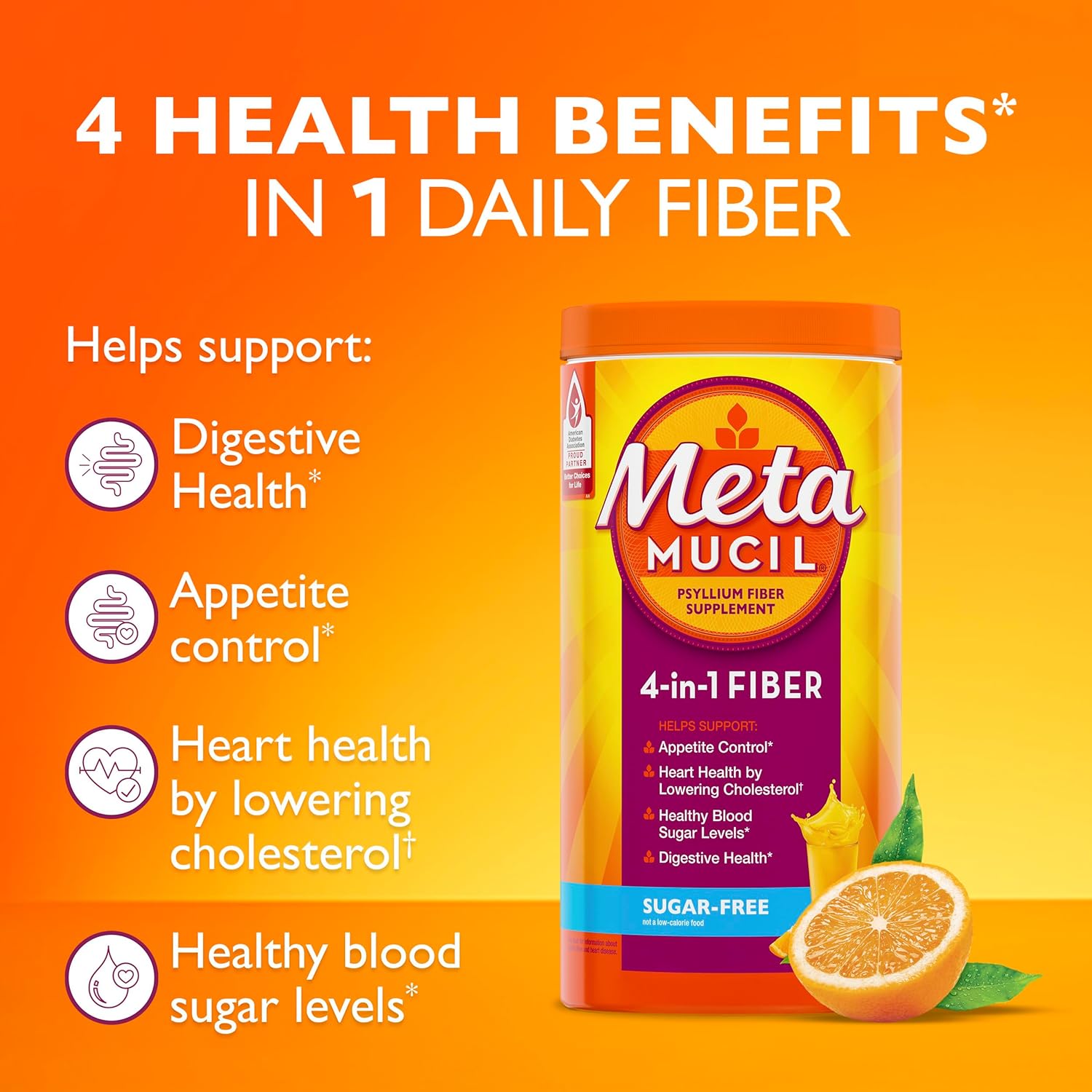 Metamucil 4-in-1 Psyllium Husk GLP-1 Friendly Fiber Supplement, Sugar-Free, 72 teaspoons, Orange Flavored, Daily Fiber Powder for Digestive Health, made with Plant-Based Psyllium Husk Fiber - Image 4