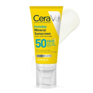 CeraVe Invisible Mineral Sunscreen SPF 50, Face Sunscreen for Sensitive Skin With Zinc Oxide & Titanium Dioxide, Vitamin E + Niacinamide + Ceramides, Oil Free, 1.62 oz