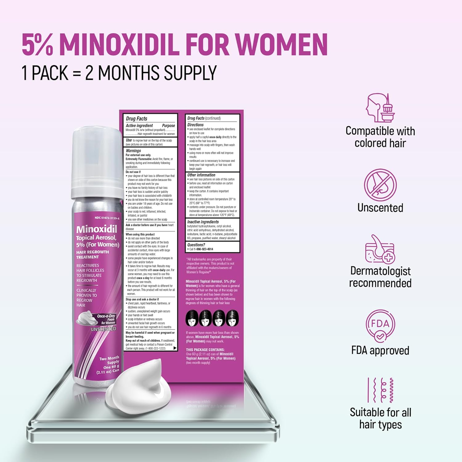 Minoxidil for Women, 2.11 Oz (2 Months Supply) Clinically Proven to Regrow Hair, Topical Aerosol Foam 5%, Hair Thinning Treatment - Image 3