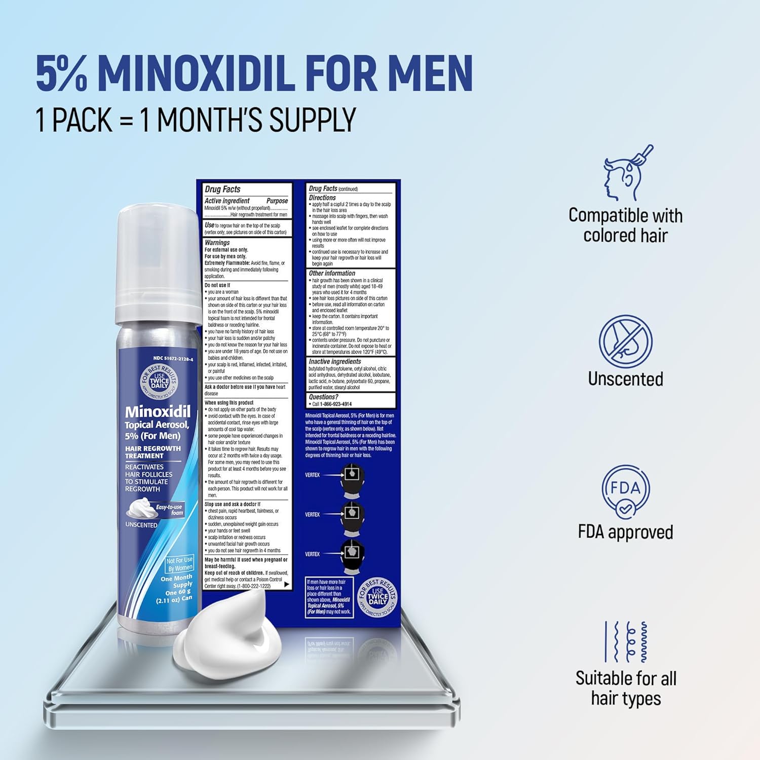 Minoxidil for Men, 2.11 Oz (1 Month Supply) Clinically Proven to Regrow Hair, Topical Aerosol Foam 5%, Hair Thinning Treatment - Image 6