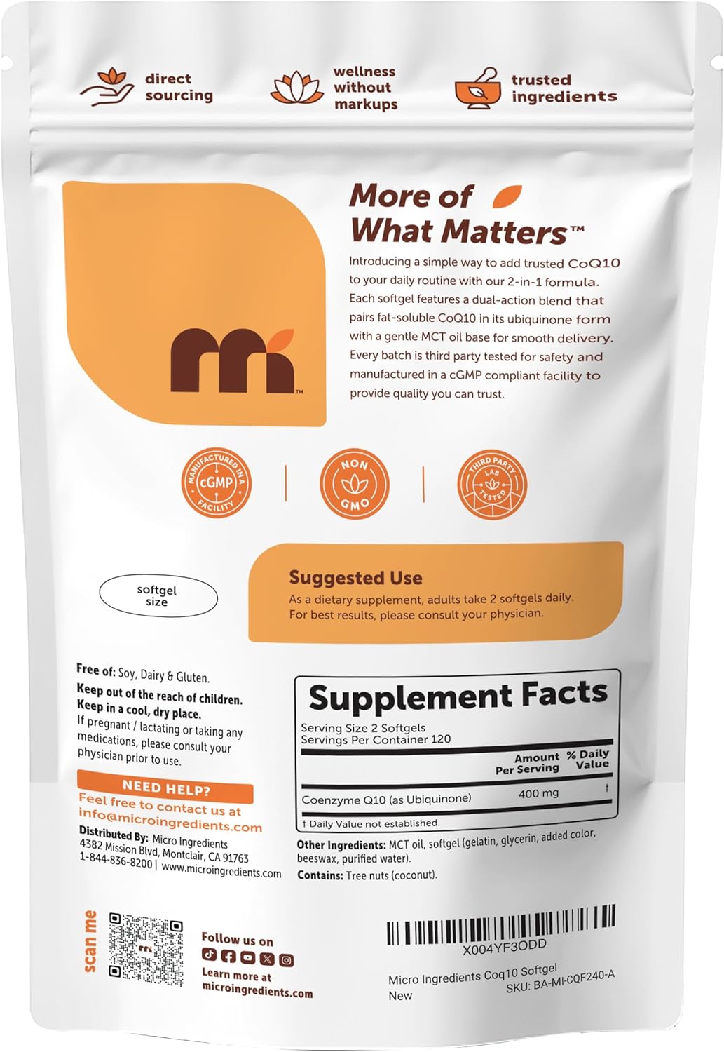 Micro Ingredients CoQ10 400 mg Per Serving, 240 Softgels | Made with Coconut MCT Oil | Coenzyme Q10 (Ubiquinone) - Image 8