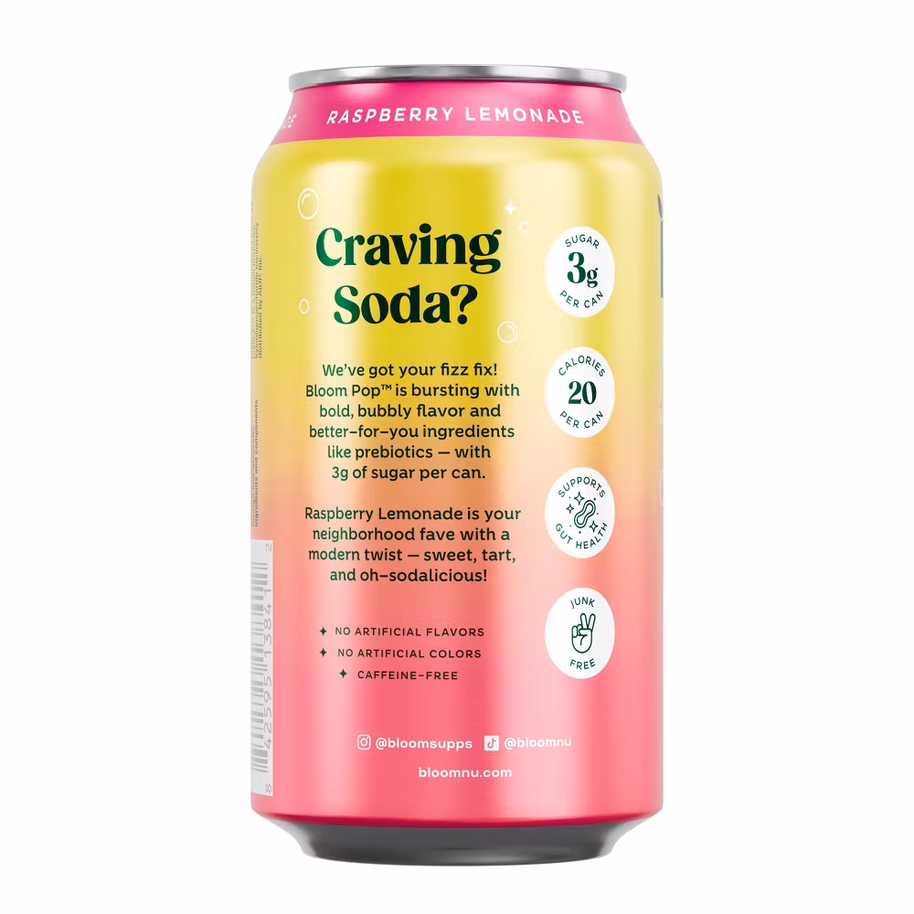 BLOOM NUTRITION Bloom Pop Prebiotic Soda - Raspberry Lemonade - 12 fl oz Can - Image 8