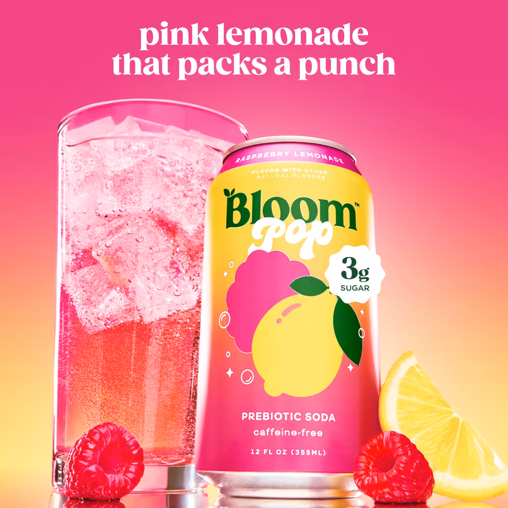BLOOM NUTRITION Bloom Pop Prebiotic Soda - Raspberry Lemonade - 12 fl oz Can - Image 3
